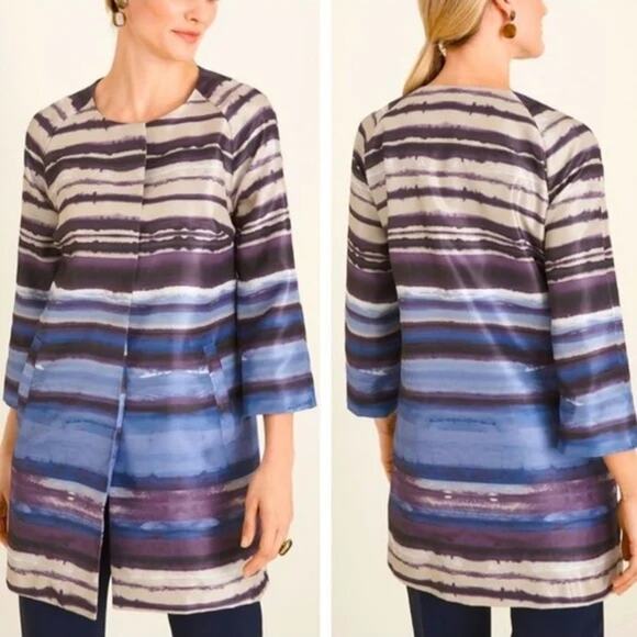 CHICO'S NWT Satin Shantung Topper 3/4 Sleeve Jacket Watercolor Stripe Sz 2 L/12 - Picture 2 of 10